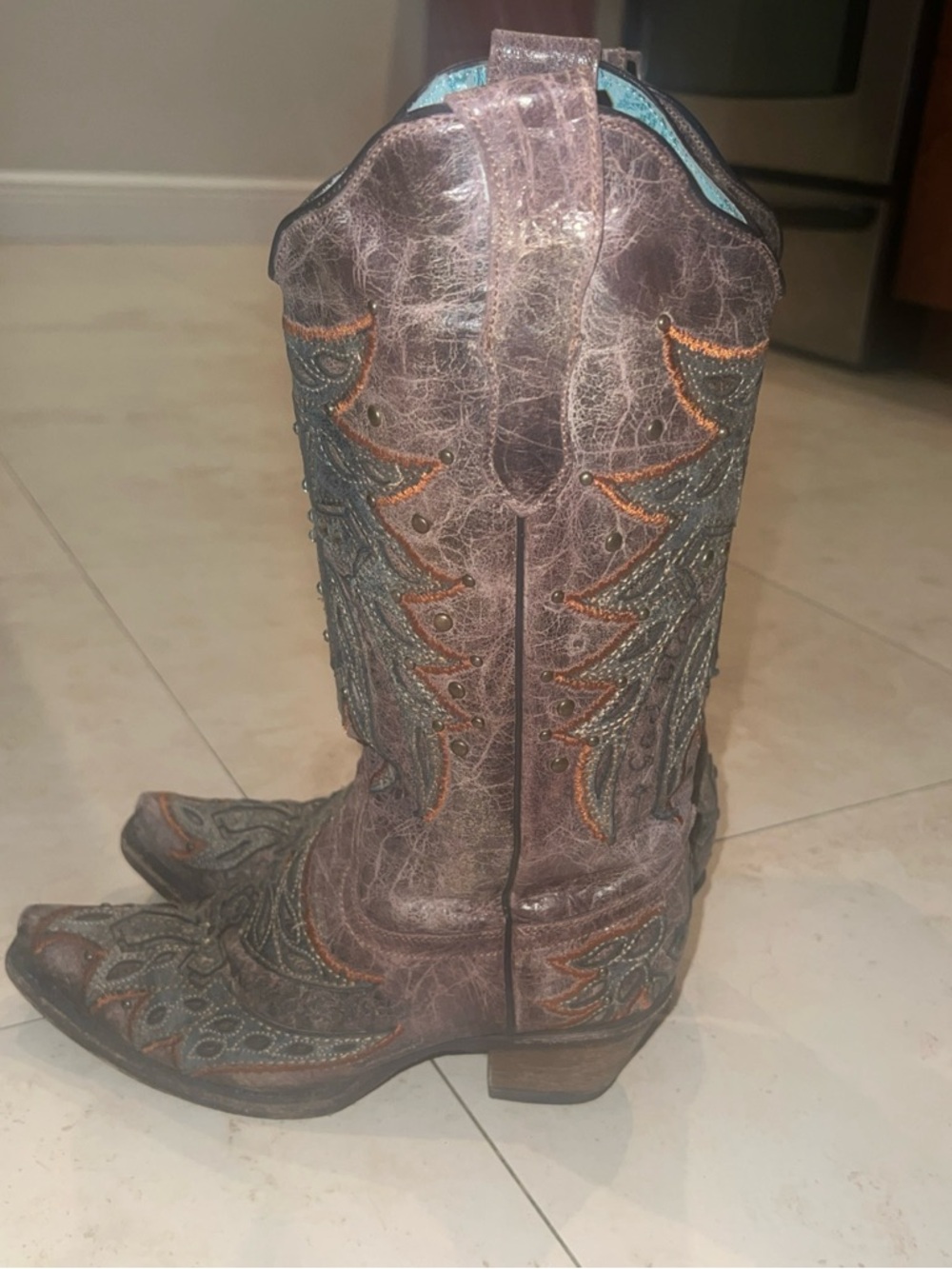 Corral Womens sz 6.5 M Cowgirl Boots Antique Saddle Crosses God Bless Cowgirls